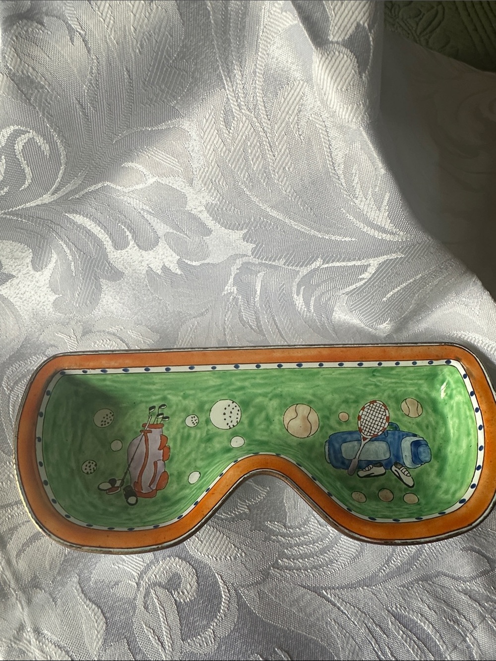Green Sports-Themed Ceramic Catchall Tray with Orange Trim